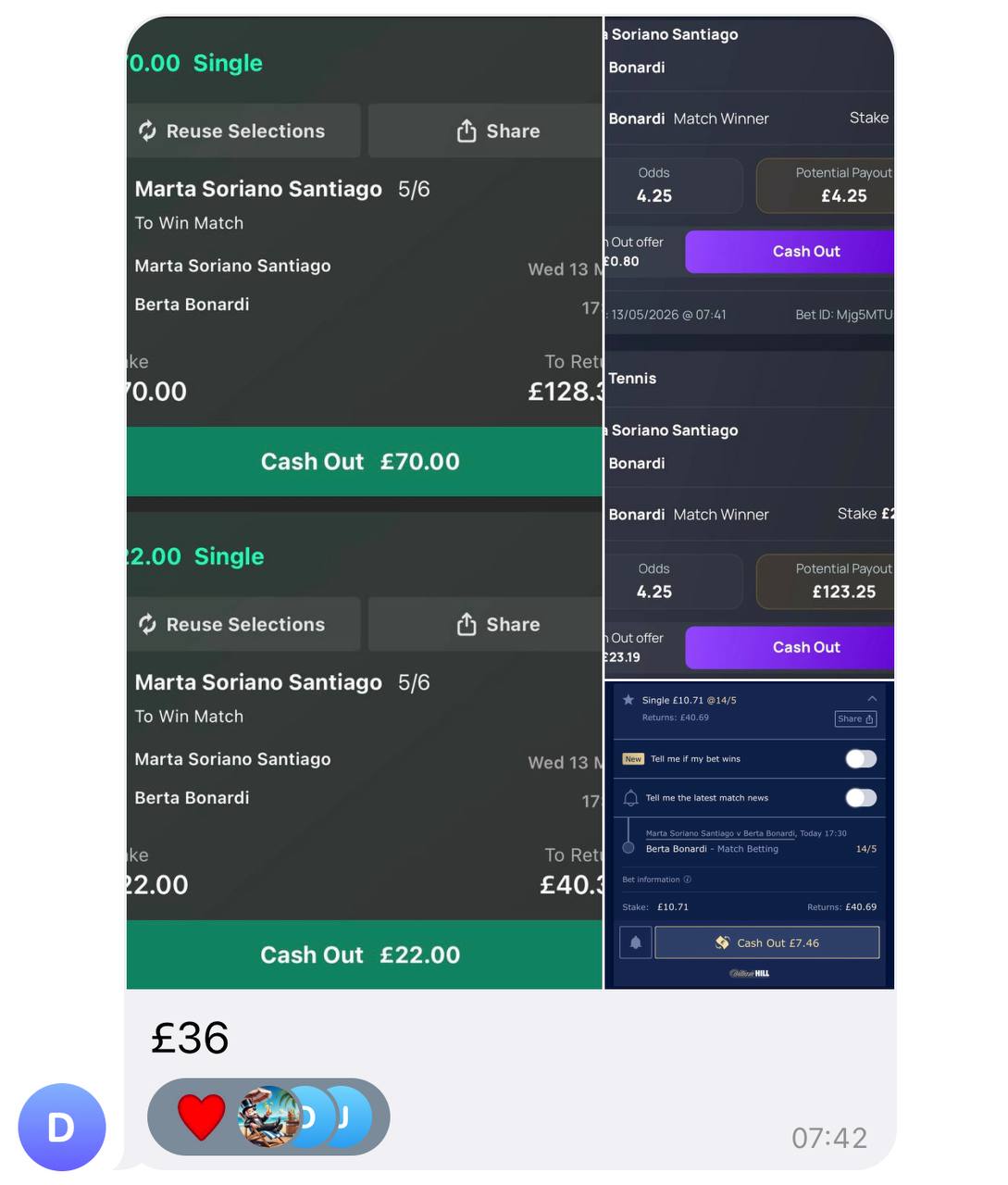 Member screenshot: Marta Soriano Santiago vs Berta Bonardi tennis match arb across William Hill and Bet365, £36 profit